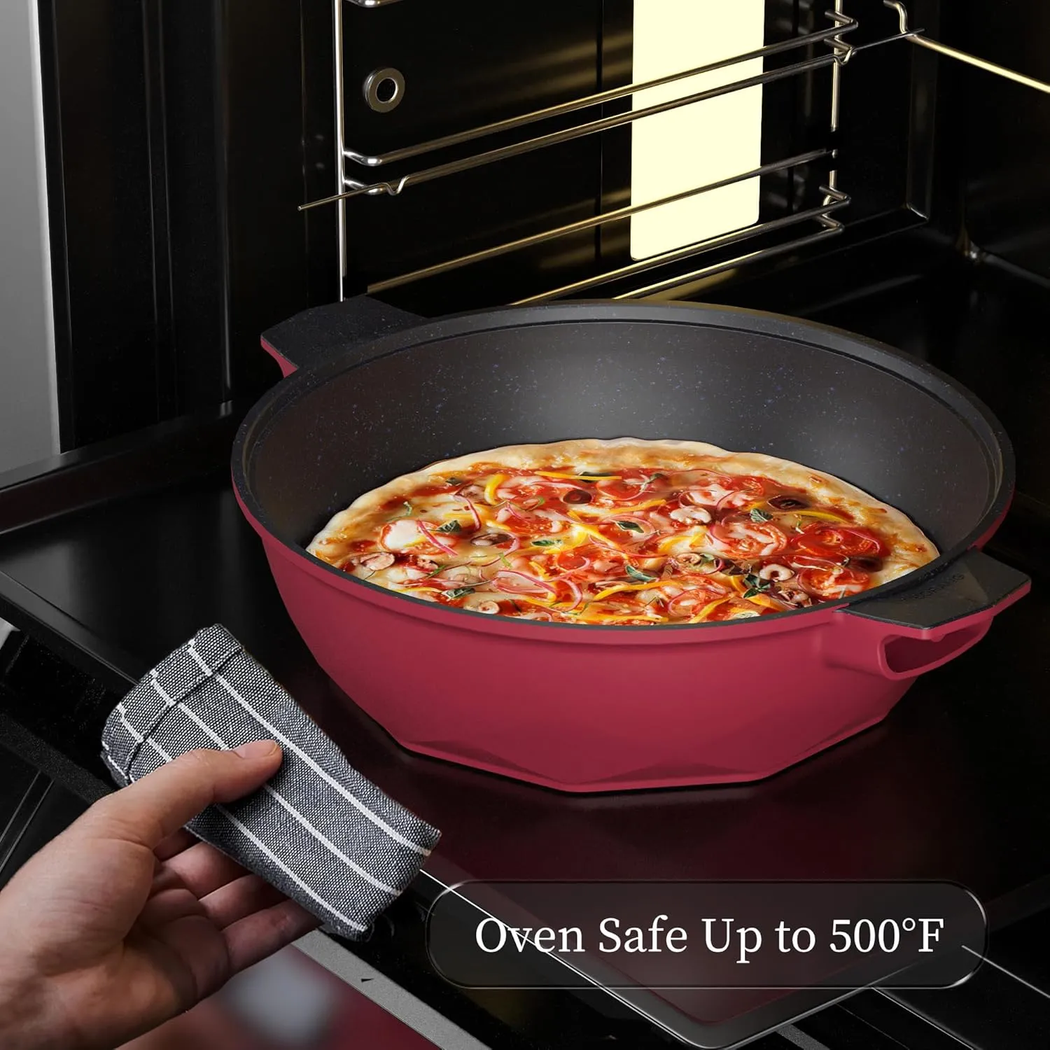 TIBORANG 8 in 1 Multipurpose 11 Inch 5 Quart Heat Indicator Nonstick Deep Frying Pan with Glass Lid,Stay-cool Handle,Steamed Grid,PFOA-Free,Dishwasher&Oven Safe,Works with All Stovetops(Ruby Red)