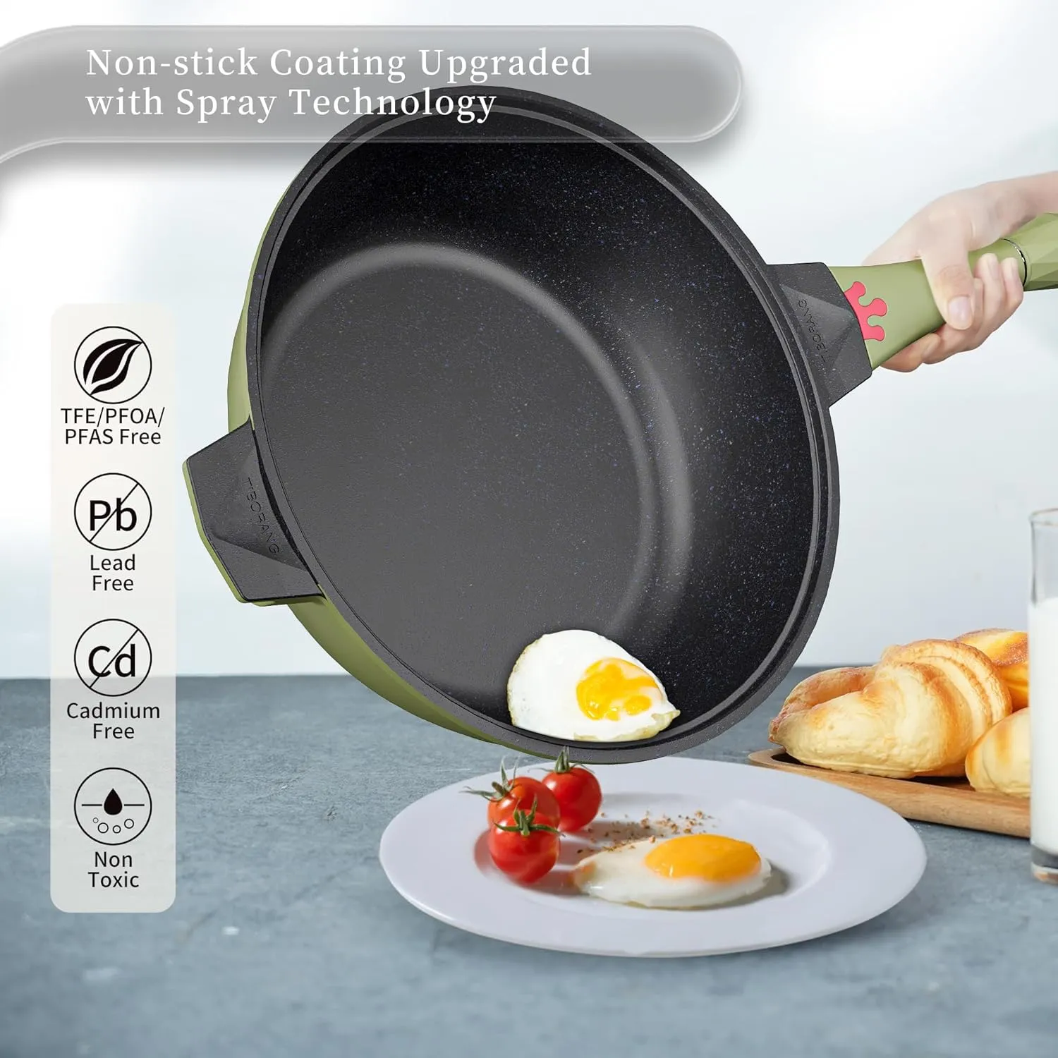 TIBORANG 8 in 1 Multipurpose 11 Inch 5 Quart Heat Indicator Nonstick Deep Frying Pan with Glass Lid,Steamed Grid,PFOA-Free,Dishwasher&Oven Safe,Works with All Stovetops (Olivedrab)