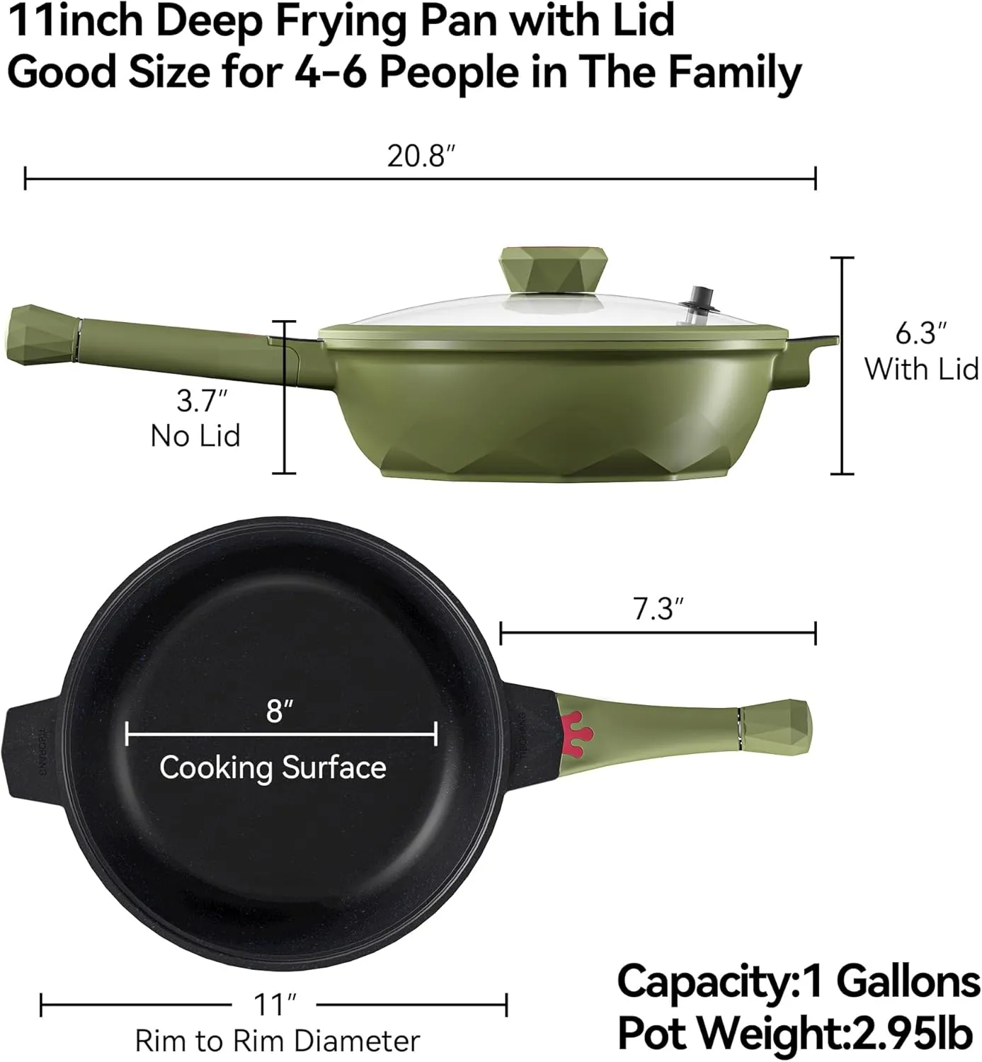 TIBORANG 8 in 1 Multipurpose 11 Inch 5 Quart Heat Indicator Nonstick Deep Frying Pan with Glass Lid,Steamed Grid,PFOA-Free,Dishwasher&Oven Safe,Works with All Stovetops (Olivedrab)