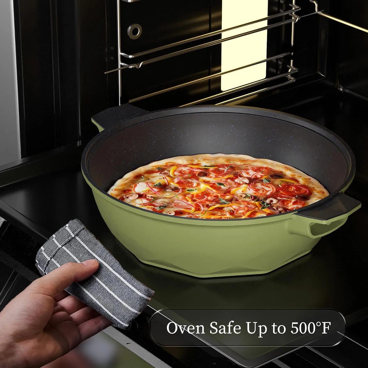 TIBORANG 8 in 1 Multipurpose 11 Inch 5 Quart Heat Indicator Nonstick Deep Frying Pan with Glass Lid,Steamed Grid,PFOA-Free,Dishwasher&Oven Safe,Works with All Stovetops (Olivedrab)