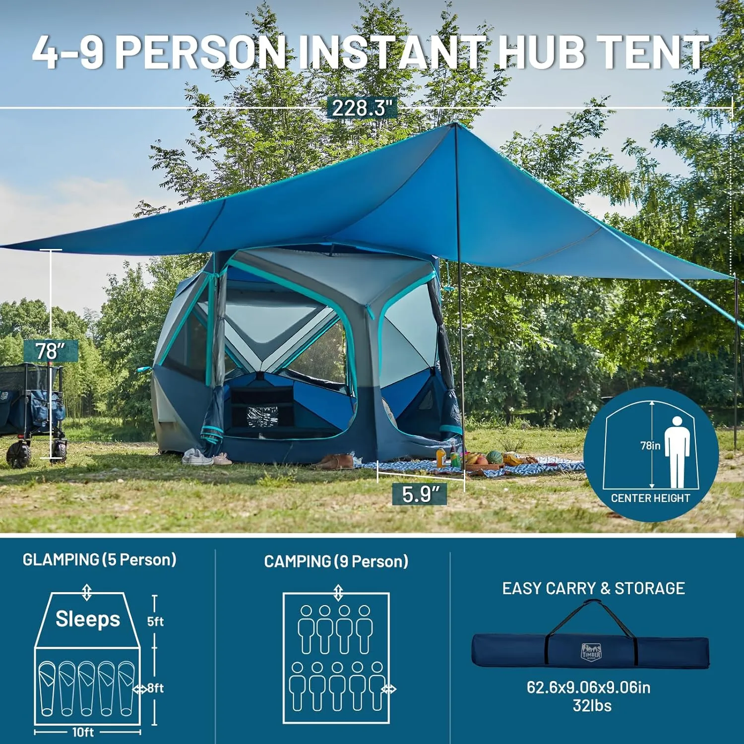 TIMBER RIDGE 4/6/8 Person Instant Pop Up Cabin Tent, Easy 60 Second Setup, Weather Resistant Camping Family Hub Tent with Rain Fly and Carry Bag for Camping Hiking Outdoor Travel
