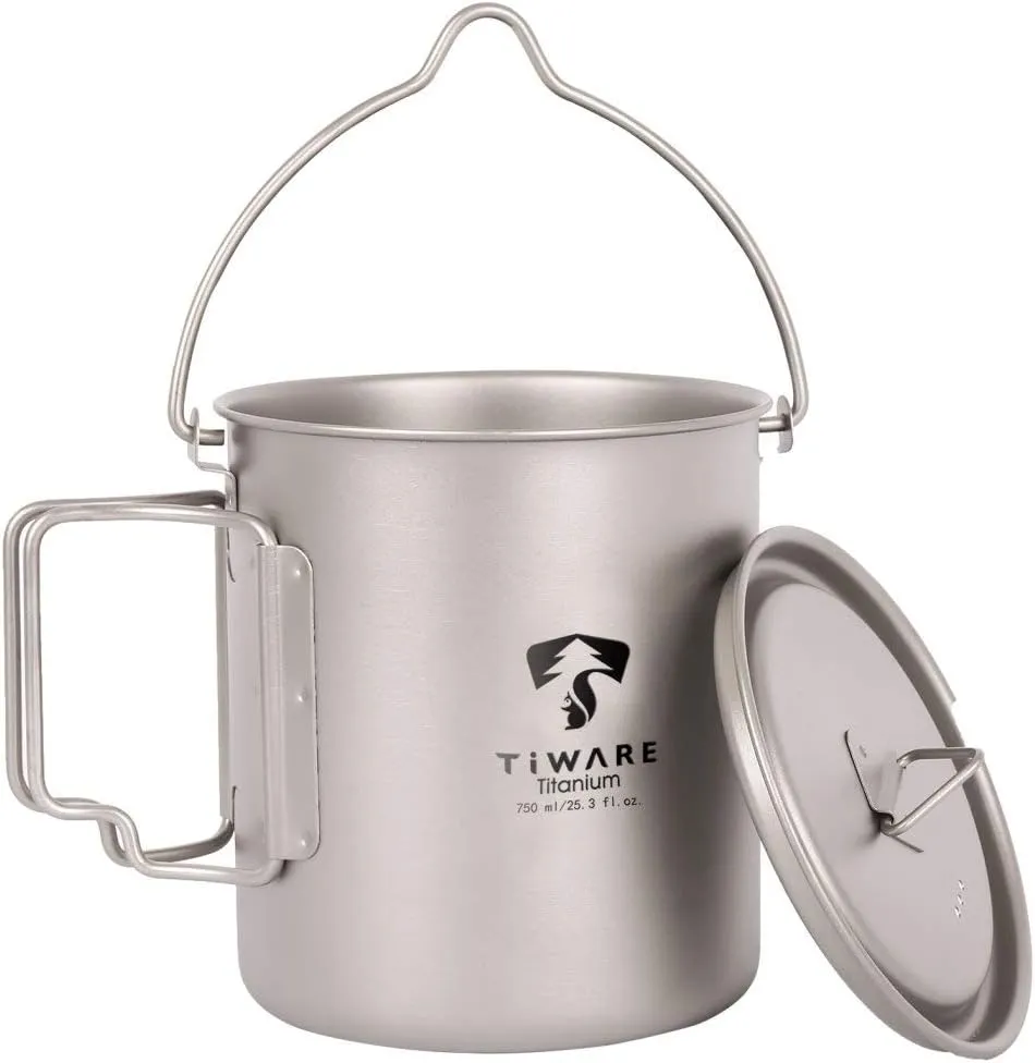 Titanium 750ml Multi Function Cup Pot Cookware Compact Cooking Set w. Folding Handles Ultra-Light Weight Durable w. Carrying Bag Reusable Eco-Friendly for Hiking Camping Picnic Outdoor