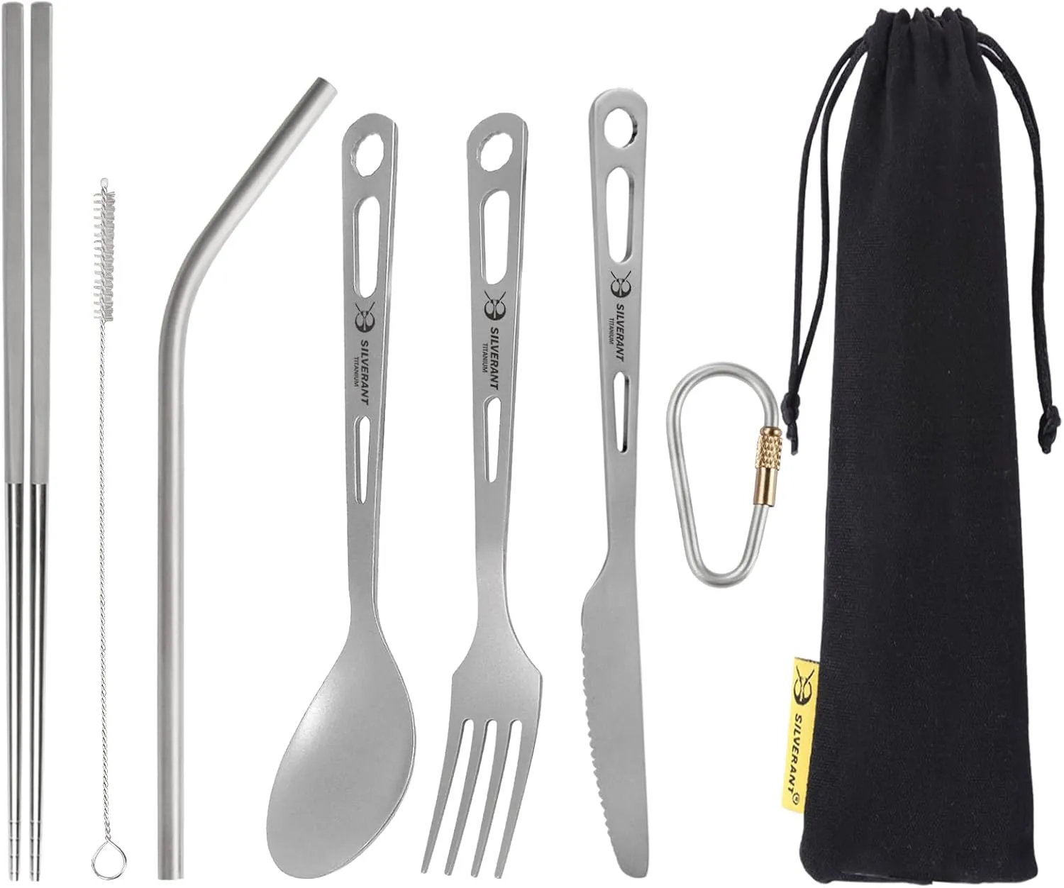 Titanium Camping Flatware, Titanium Spork Spoon Chopsticks Knife Straw Cutlery Set PortableTableware for Lunch Box Outdoor & Hiking, Comes with Drawstring Bag & Carabiner- Sandblasted