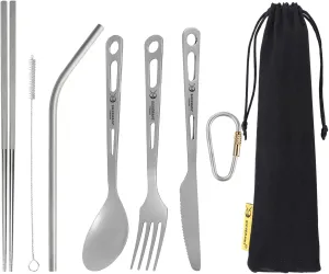 Titanium Camping Flatware, Titanium Spork Spoon Chopsticks Knife Straw Cutlery Set PortableTableware for Lunch Box Outdoor & Hiking, Comes with Drawstring Bag & Carabiner- Sandblasted