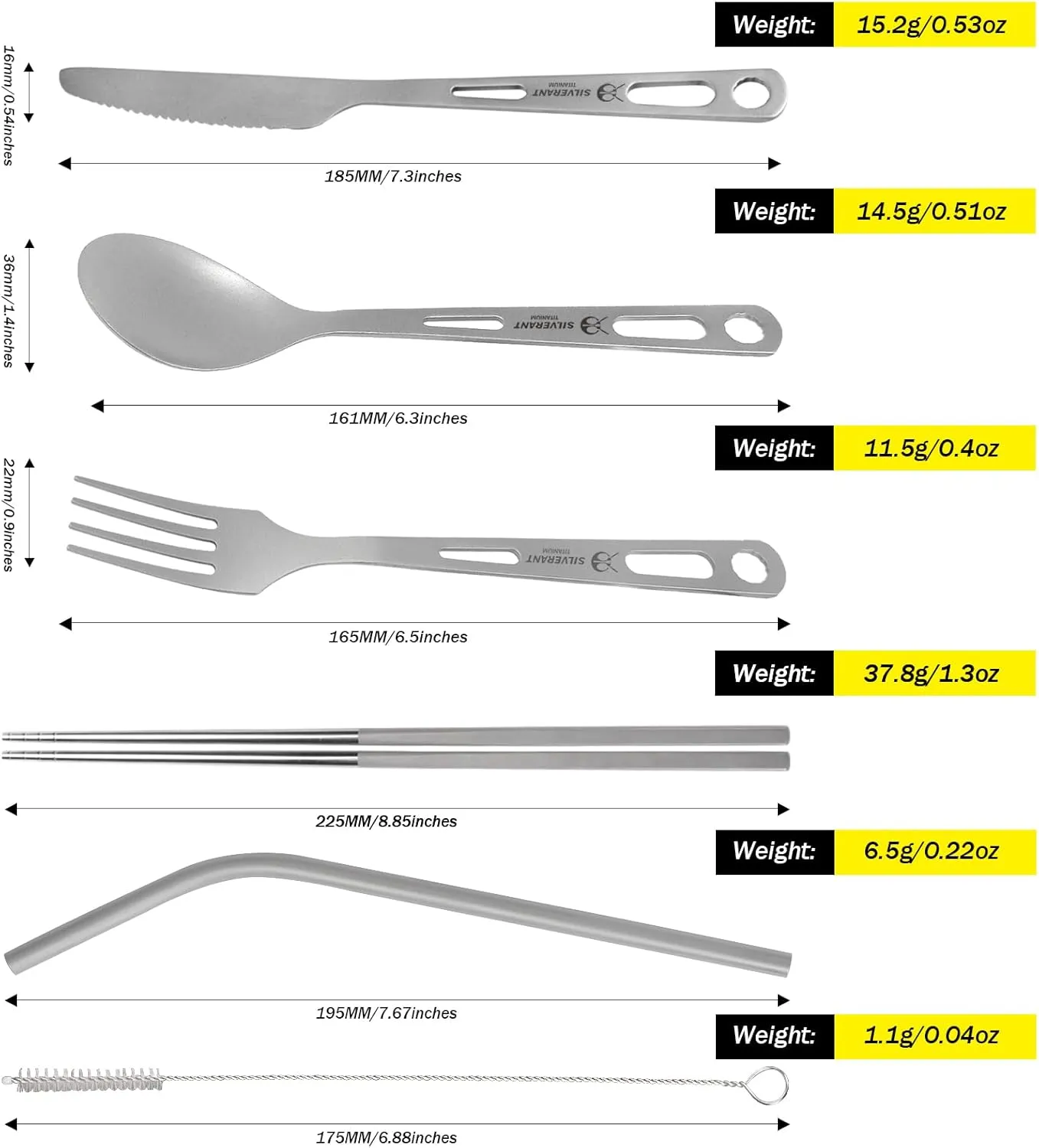 Titanium Camping Flatware, Titanium Spork Spoon Chopsticks Knife Straw Cutlery Set PortableTableware for Lunch Box Outdoor & Hiking, Comes with Drawstring Bag & Carabiner- Sandblasted