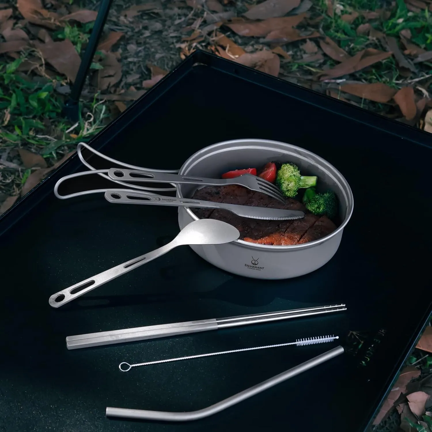 Titanium Camping Flatware, Titanium Spork Spoon Chopsticks Knife Straw Cutlery Set PortableTableware for Lunch Box Outdoor & Hiking, Comes with Drawstring Bag & Carabiner- Sandblasted