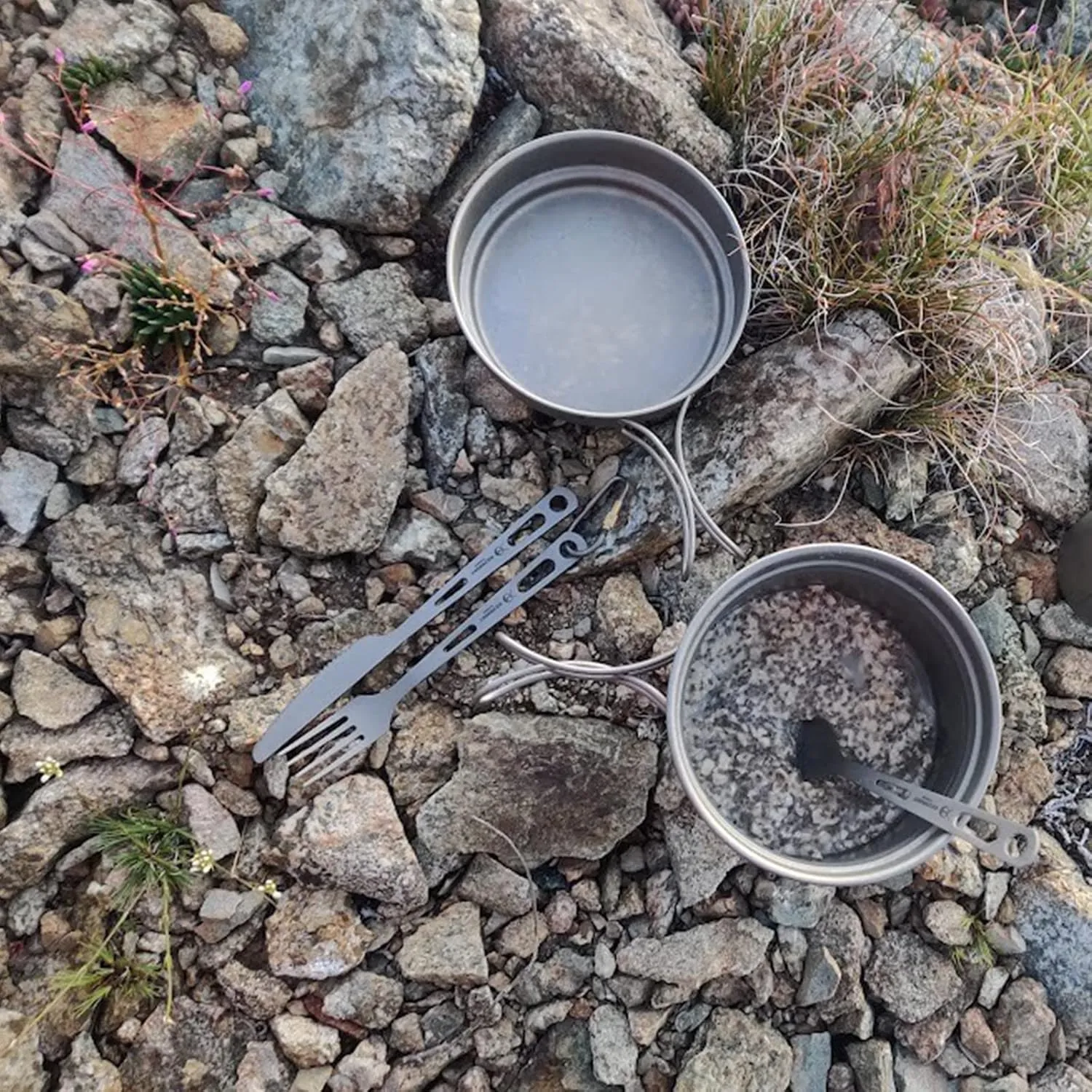 Titanium Camping Flatware, Titanium Spork Spoon Chopsticks Knife Straw Cutlery Set PortableTableware for Lunch Box Outdoor & Hiking, Comes with Drawstring Bag & Carabiner- Sandblasted