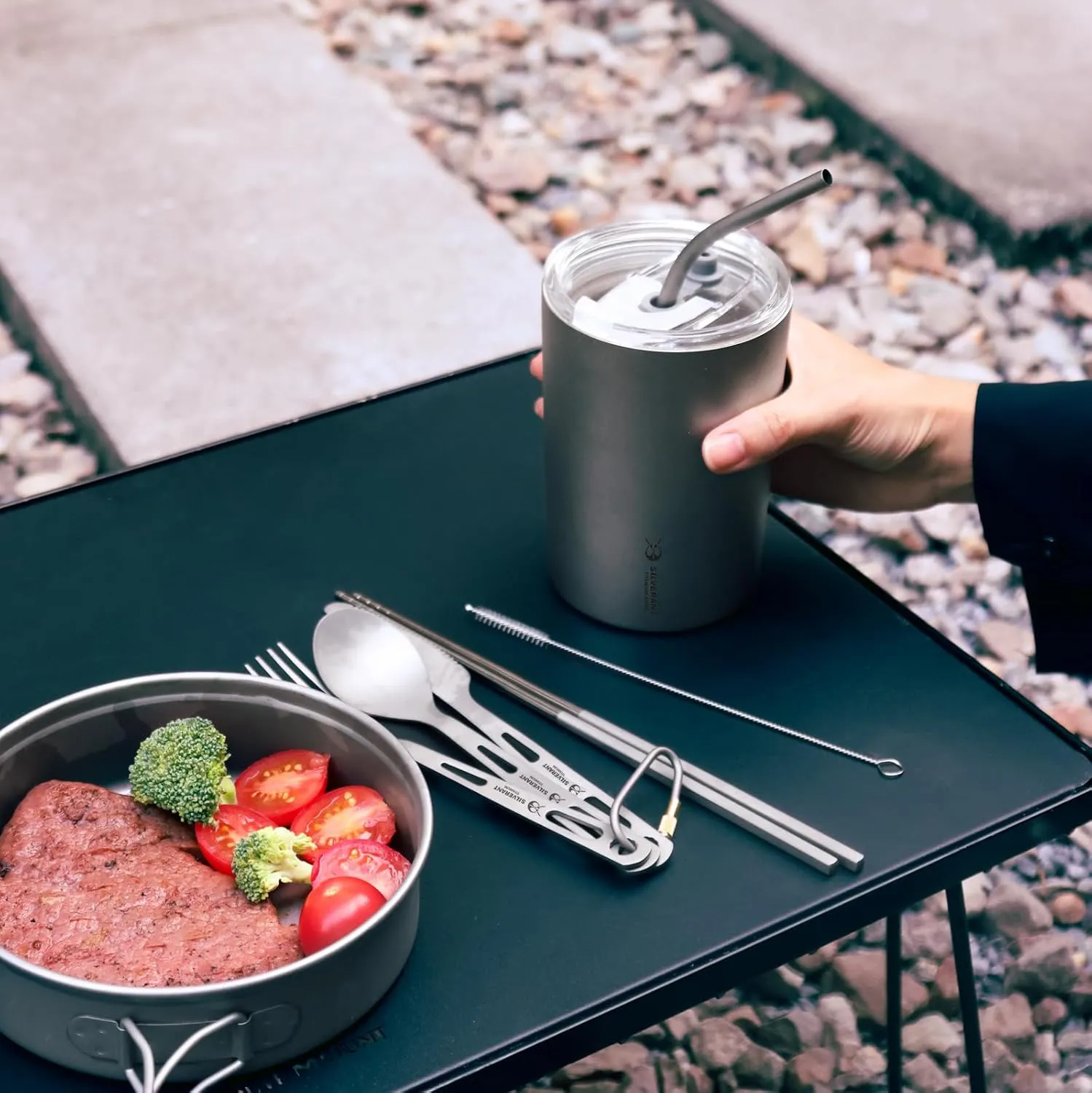 Titanium Camping Flatware, Titanium Spork Spoon Chopsticks Knife Straw Cutlery Set PortableTableware for Lunch Box Outdoor & Hiking, Comes with Drawstring Bag & Carabiner- Sandblasted