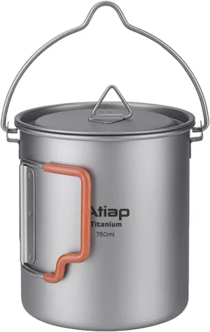 Titanium Cup Camping Pot Portable Cup Ultralight Coffee Mug Water Cup with Lid and Plastic Foldable Handle Portable Lightweight For Outdoor Camping Hiking Backpacking (750ml Pot with Bail Handle)