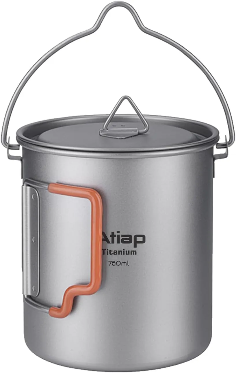 Titanium Cup Camping Pot Portable Cup Ultralight Coffee Mug Water Cup with Lid and Plastic Foldable Handle Portable Lightweight For Outdoor Camping Hiking Backpacking (750ml Pot with Bail Handle)