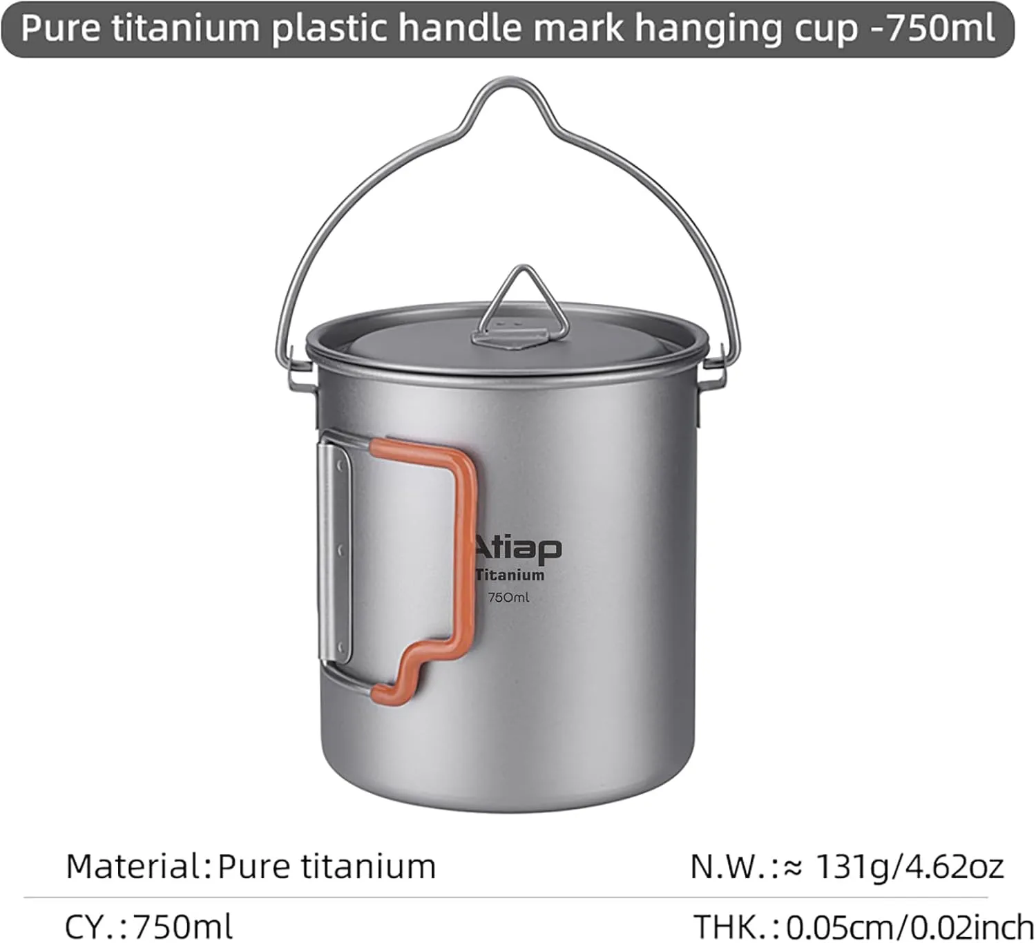 Titanium Cup Camping Pot Portable Cup Ultralight Coffee Mug Water Cup with Lid and Plastic Foldable Handle Portable Lightweight For Outdoor Camping Hiking Backpacking (750ml Pot with Bail Handle)