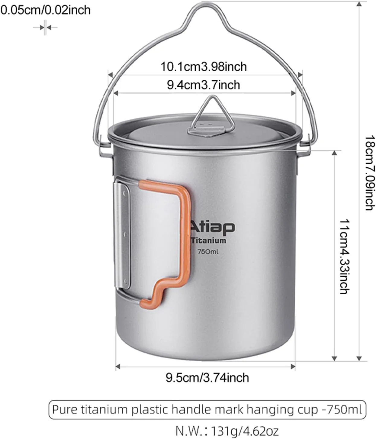 Titanium Cup Camping Pot Portable Cup Ultralight Coffee Mug Water Cup with Lid and Plastic Foldable Handle Portable Lightweight For Outdoor Camping Hiking Backpacking (750ml Pot with Bail Handle)