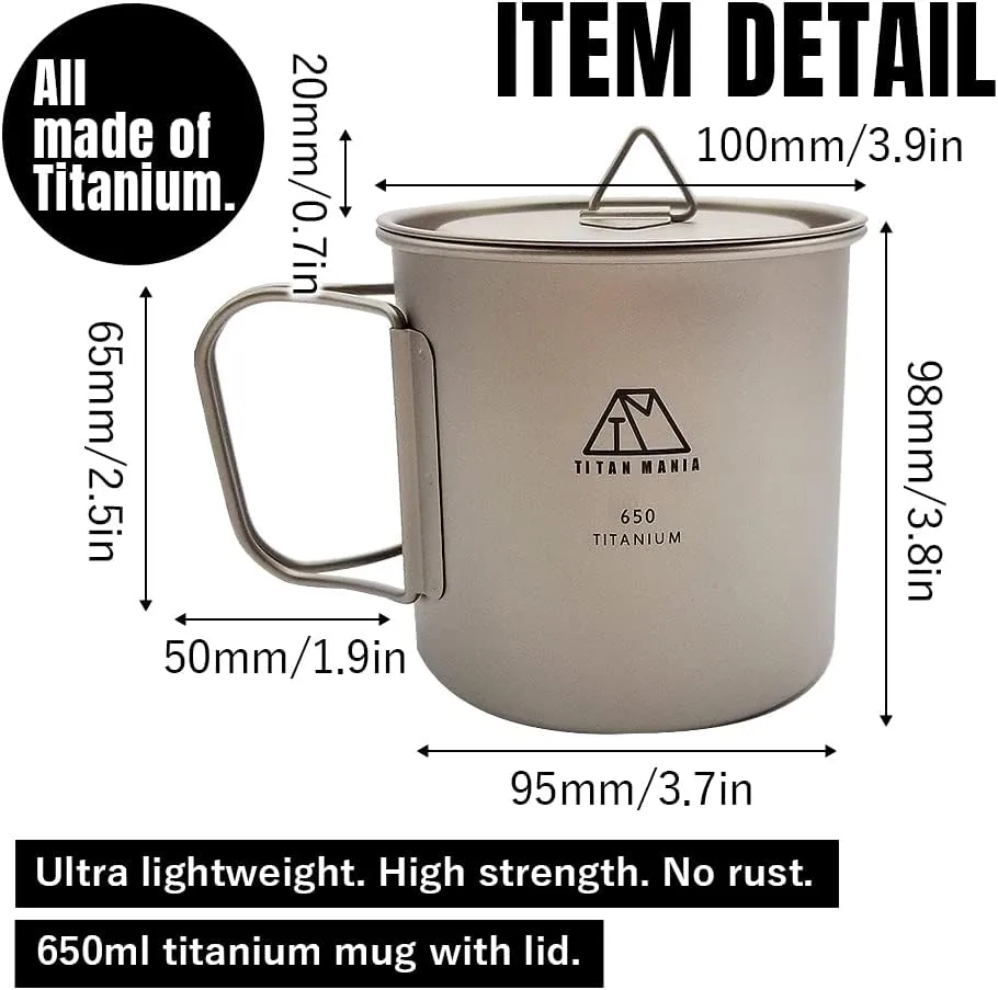 Titanium Cup with a Lid, Ultra Lightweight, Sturdy, Outdoor Gear, Camping Equipment (650ml)