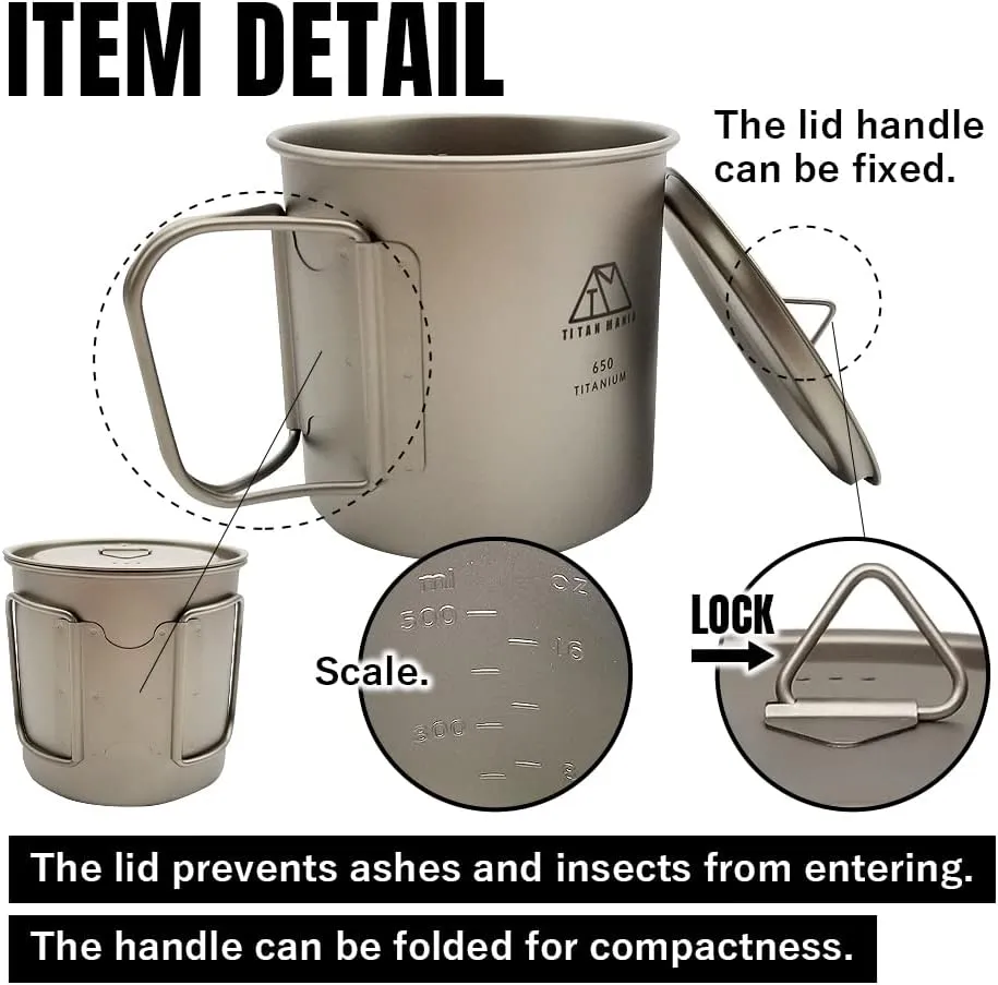 Titanium Cup with a Lid, Ultra Lightweight, Sturdy, Outdoor Gear, Camping Equipment (650ml)