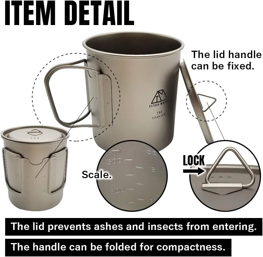 Titanium Cup with a Lid, Ultra Lightweight, Sturdy, Outdoor Gear, Camping Equipment (750ml)