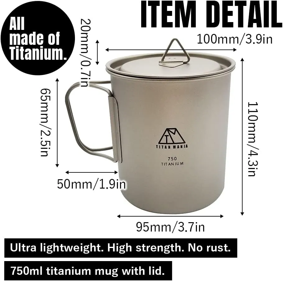 Titanium Cup with a Lid, Ultra Lightweight, Sturdy, Outdoor Gear, Camping Equipment (750ml)