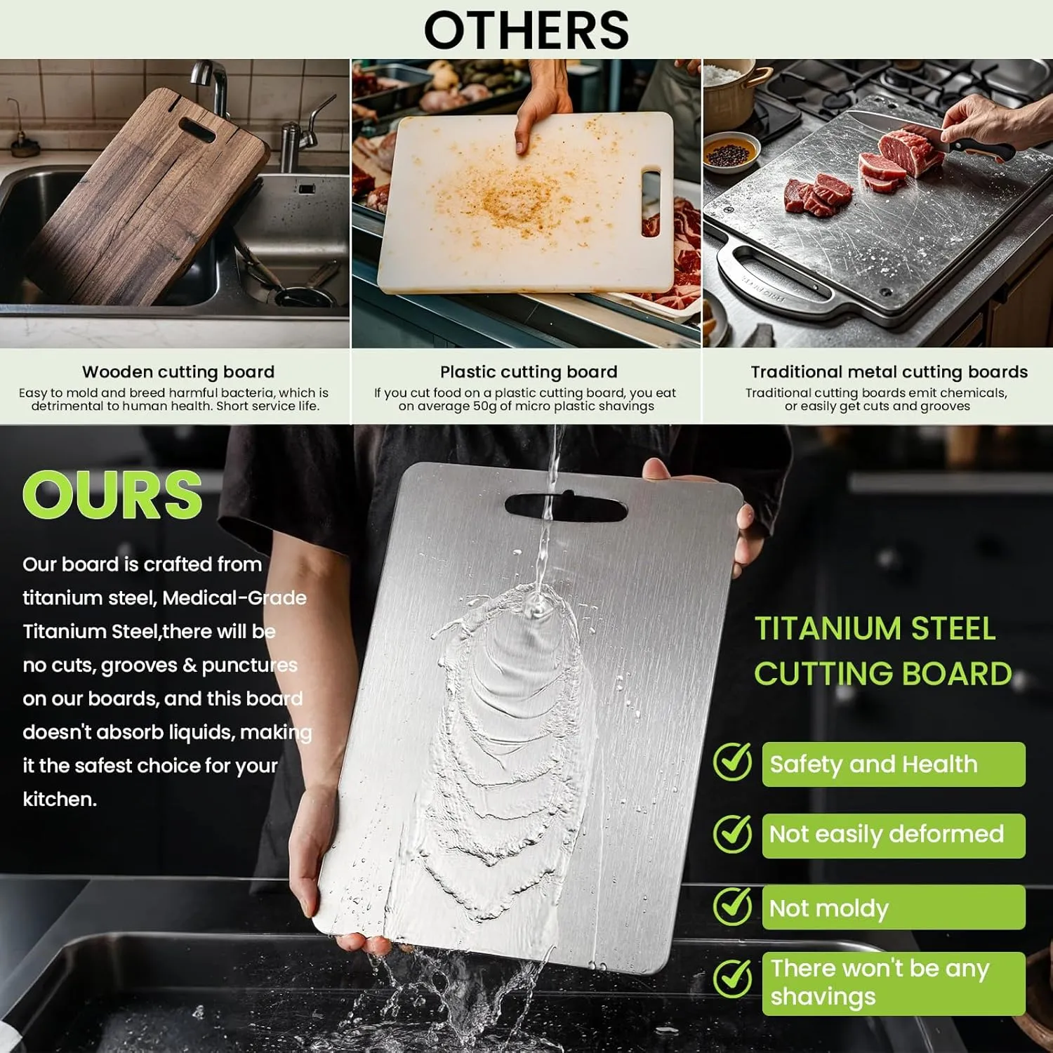 Titanium Cutting Board, 2025 New Upgrade 100% Pure Titanium Cutting Boards for Kitchen, Hygiene & Durability Non Stick Titanium Chopping Board, Double sided Titanium Cutting Mat, Easy to Clean (15*11)