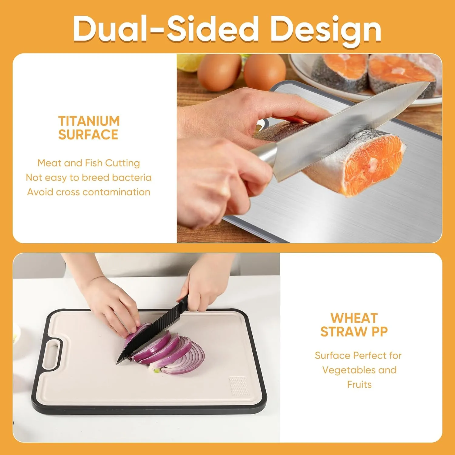 Titanium Cutting Board, Double Sided Medical-grade, GR2 Titanium/Wheat straw PP Large Cutting Board, Chopping Boards Cutting Pads for Meat, Vegetables and Fruits