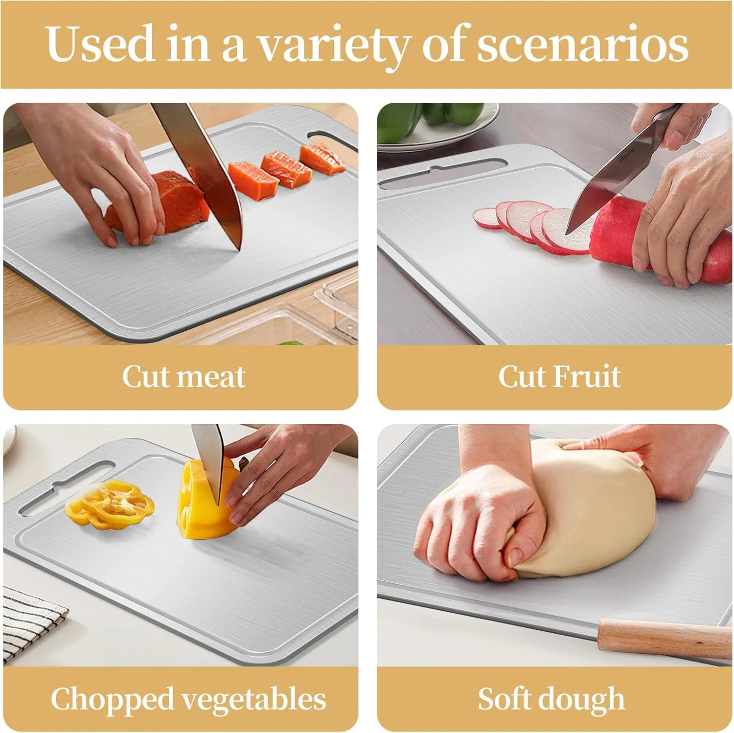 Titanium Cutting Board-Pure Titanium Cutting Boards For Kitchen，Double-Sided Metal Cutting Board with Juice Groove, Separates Meat and Vegetables, Dishwasher Safe (Pure White 14×10 Inch)