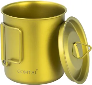 Titanium Pot, 420ml/15 oz Mug with Lid and Foldable Handle, Outdoor Titanium Cup for Hiking Camping Cooking-Yellow