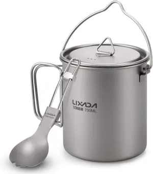 Titanium Pot, Lightweight Titanium 750ml Pot with Folding Spork for Outdoor Camping Hiking Backpacking Picnic