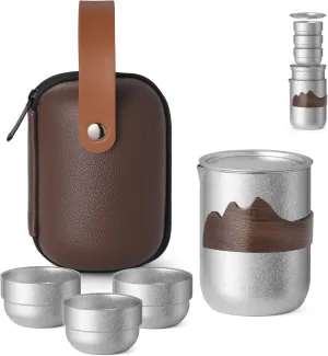 Titanium Tea Set with Infuser - Modern Teapot, 3 Cups   Leather Travel Bag, Enchanted Teapot Alternatives, Tea Lovers Gift for Home/Office/Travel/Camping/Hiking