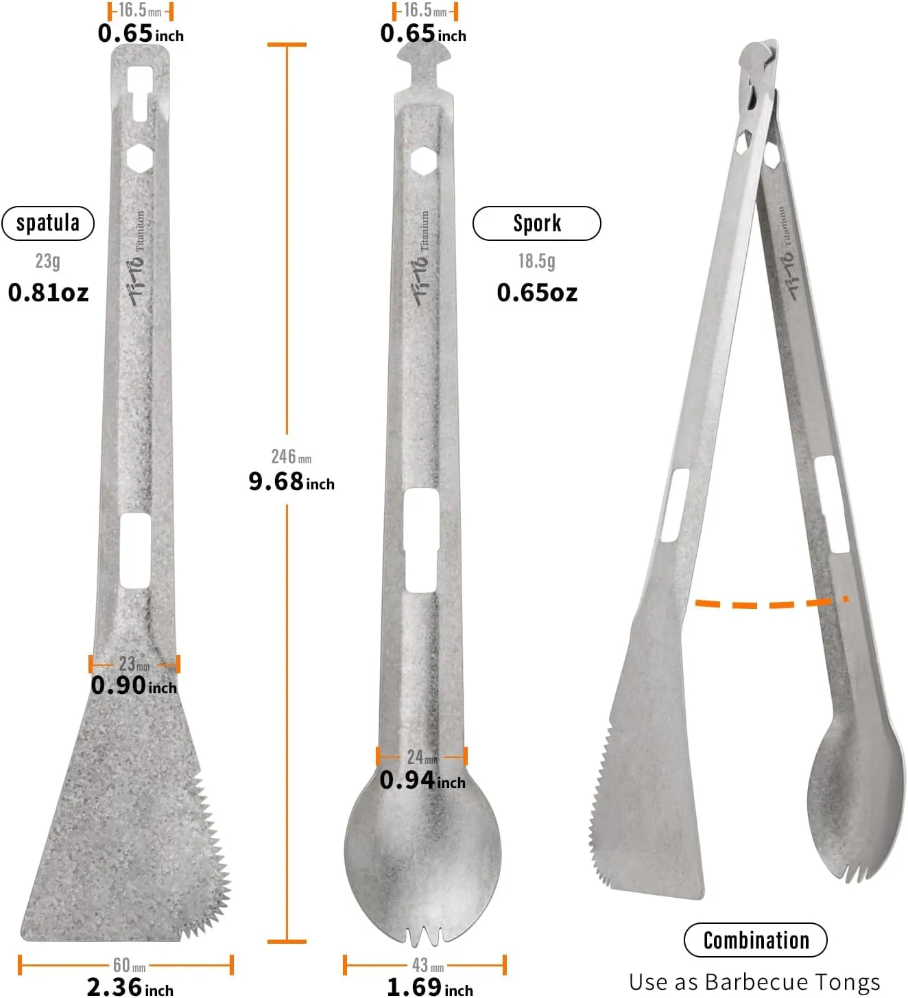 TiTo Titanium 4 in 1 Camping Cookware - Titanium BBQ Tongs, Spork, Knife and Spatula, Portable Lightweight Multi Tableware for Kitchen, Hiking, Backpacking, Outdoor Cooking, Travel, Picnics (Titanium)