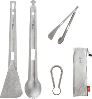 TiTo Titanium 4 in 1 Camping Cookware - Titanium BBQ Tongs, Spork, Knife and Spatula, Portable Lightweight Multi Tableware for Kitchen, Hiking, Backpacking, Outdoor Cooking, Travel, Picnics (Titanium)
