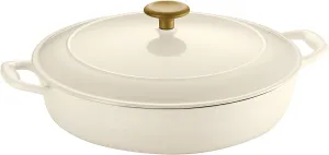 Tramontina Enameled Cast Iron Braiser Pan with Lid, 4-quart, Latte with Gold Knob