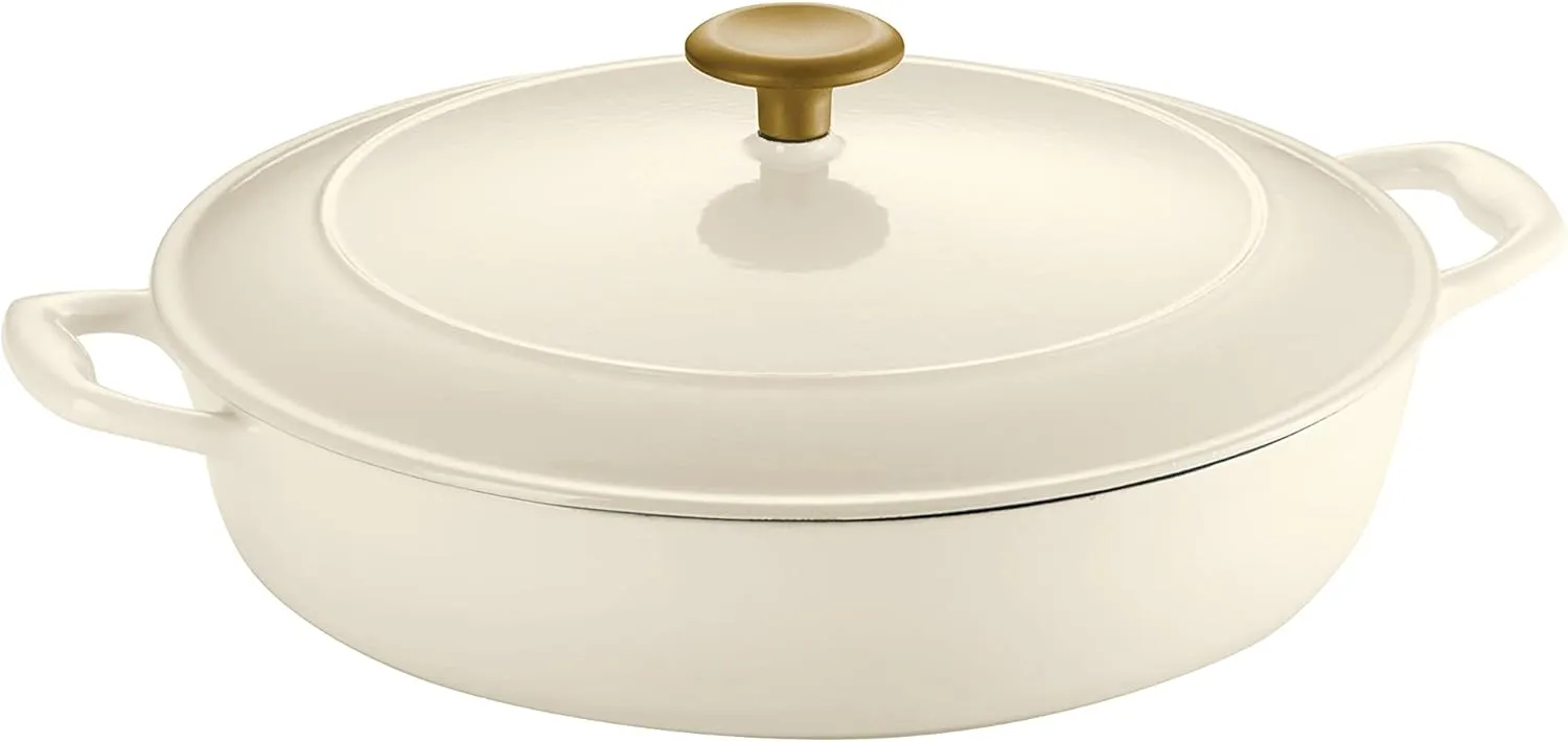 Tramontina Enameled Cast Iron Braiser Pan with Lid, 4-quart, Latte with Gold Knob