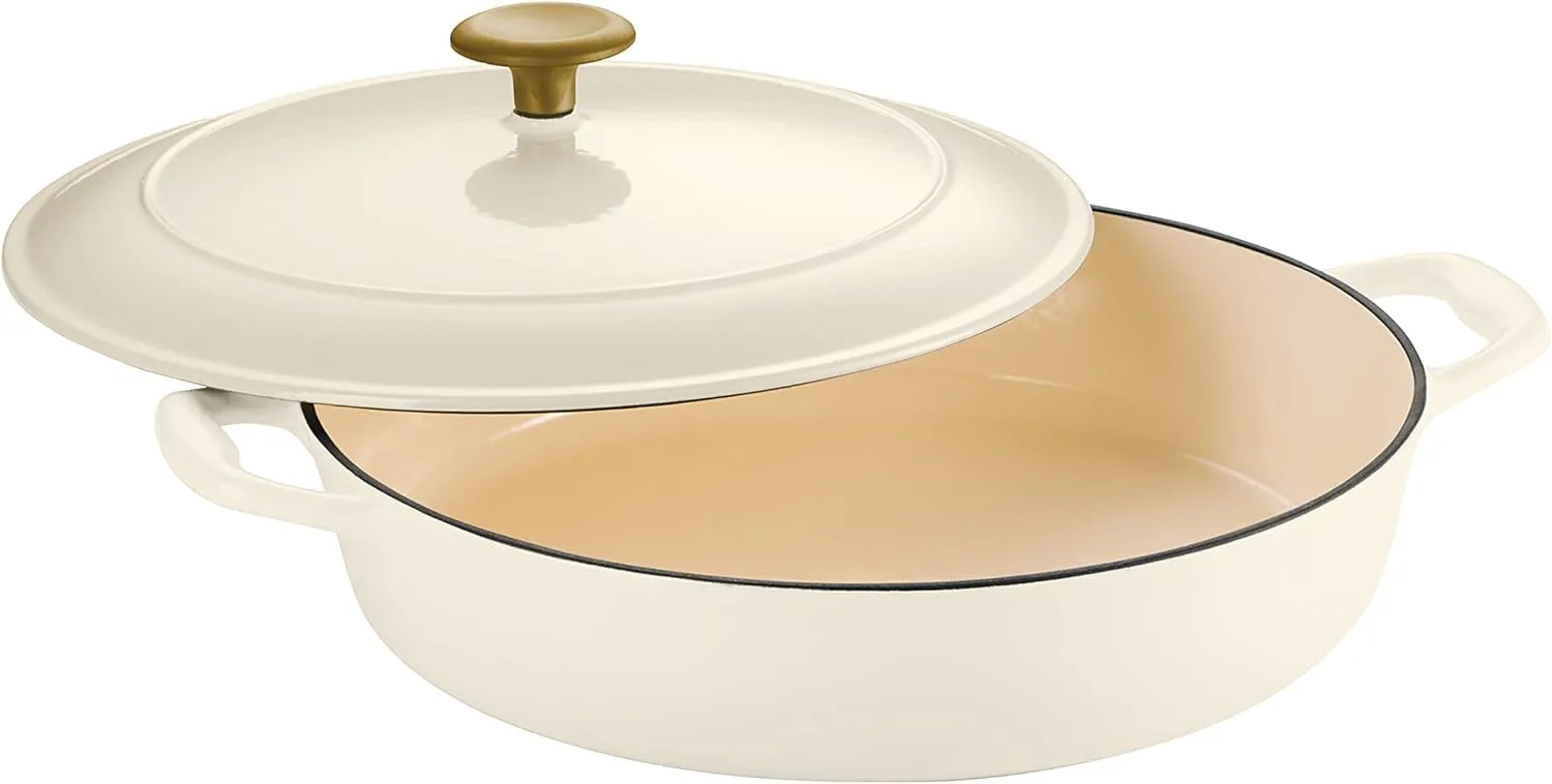 Tramontina Enameled Cast Iron Braiser Pan with Lid, 4-quart, Latte with Gold Knob