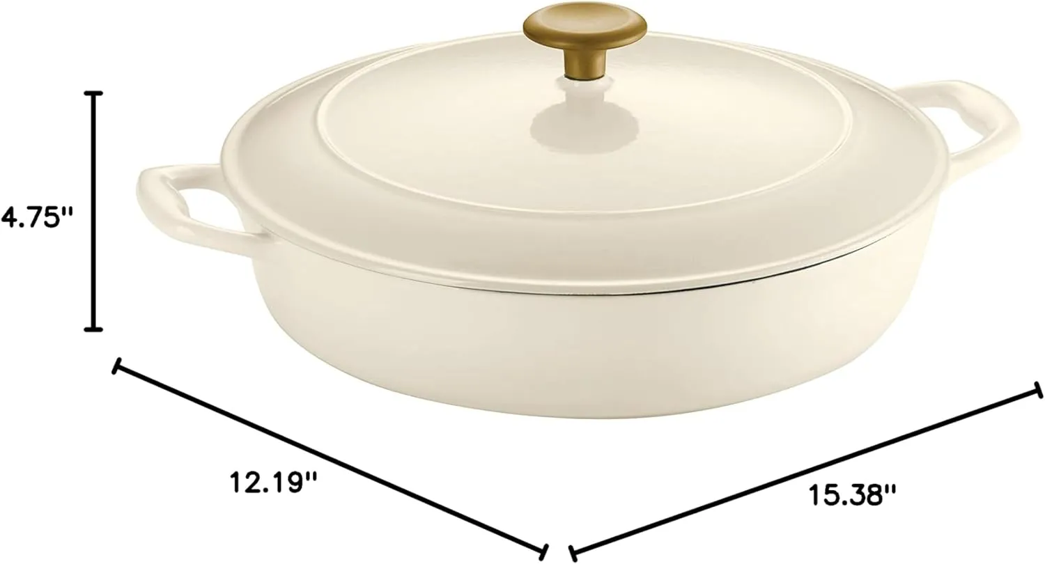 Tramontina Enameled Cast Iron Braiser Pan with Lid, 4-quart, Latte with Gold Knob