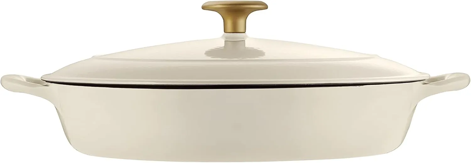 Tramontina Enameled Cast Iron Braiser Pan with Lid, 4-quart, Latte with Gold Knob