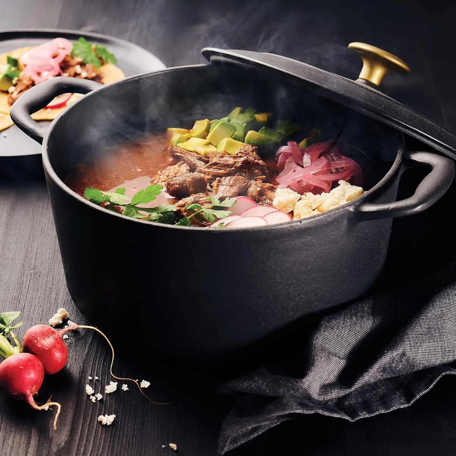 Tramontina Enameled Cast Iron Dutch Oven Pot with Lid, Round 5.5-quart, Matte Black with Gold Knob