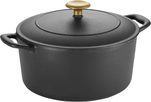 Tramontina Enameled Cast Iron Dutch Oven Pot with Lid, Round 5.5-quart, Matte Black with Gold Knob