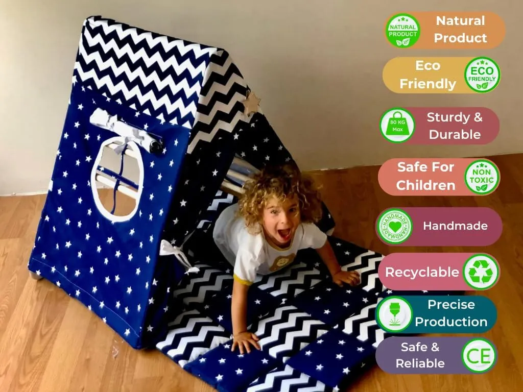 Triangle and Playhouse Tent for Kid's | Kids Tent with Climbing Triangle | Tent & Mat & Triangle | Indoor Play Tent Tepee for Kids | Sleepover Play Tent & Mat with Climbing Frame (BLUE)