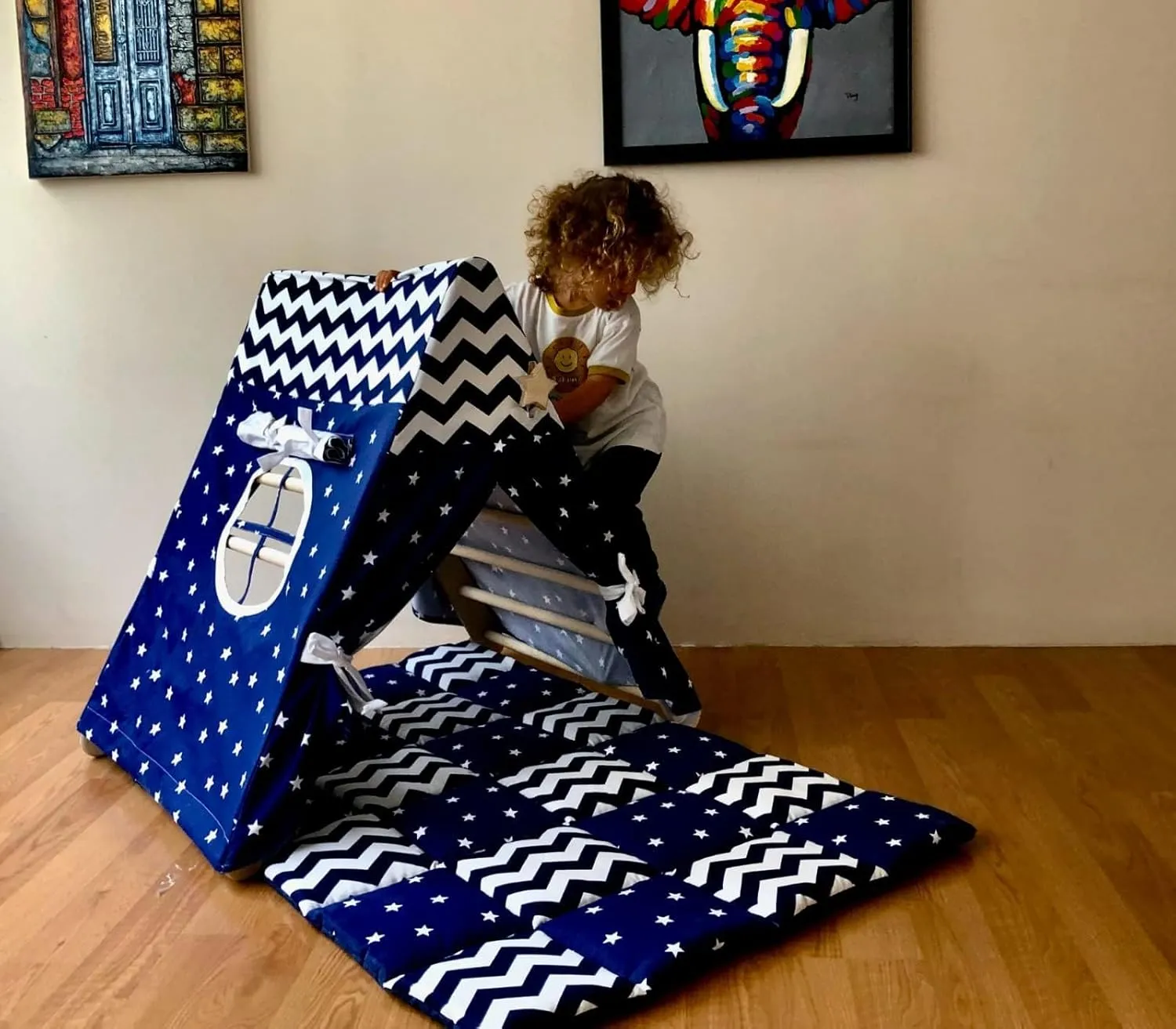 Triangle and Playhouse Tent for Kid's | Kids Tent with Climbing Triangle | Tent & Mat & Triangle | Indoor Play Tent Tepee for Kids | Sleepover Play Tent & Mat with Climbing Frame (BLUE)