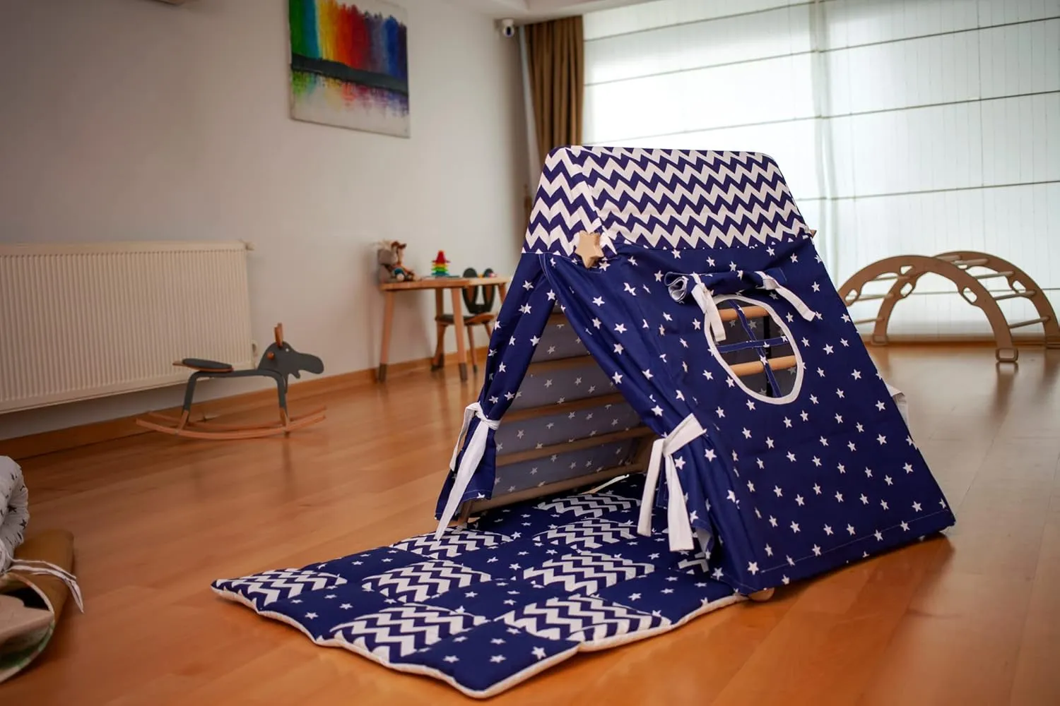 Triangle and Playhouse Tent for Kid's | Kids Tent with Climbing Triangle | Tent & Mat & Triangle | Indoor Play Tent Tepee for Kids | Sleepover Play Tent & Mat with Climbing Frame (BLUE)