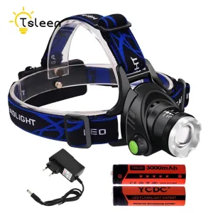 TSLEEN 2000lm waterproof led flashlight Wall Charger head lamp led 18650 Battery Rechargeable headlamp running T6 cree zoomable
