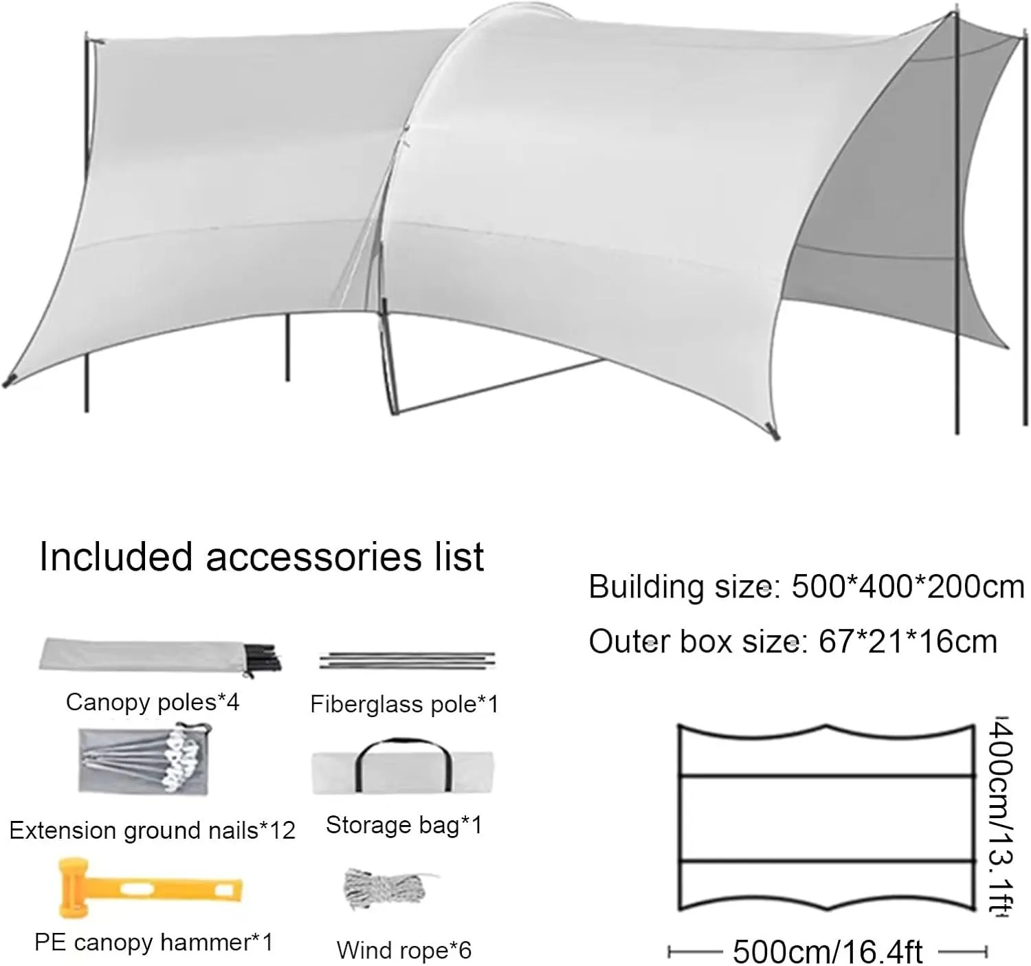 Tunnel Camping Tarp, Portable Waterproof Sun Shelter with Rod, Camping Shelter for Garden, Backyard, Lawn, Beach, Picnic, Outdoor Training