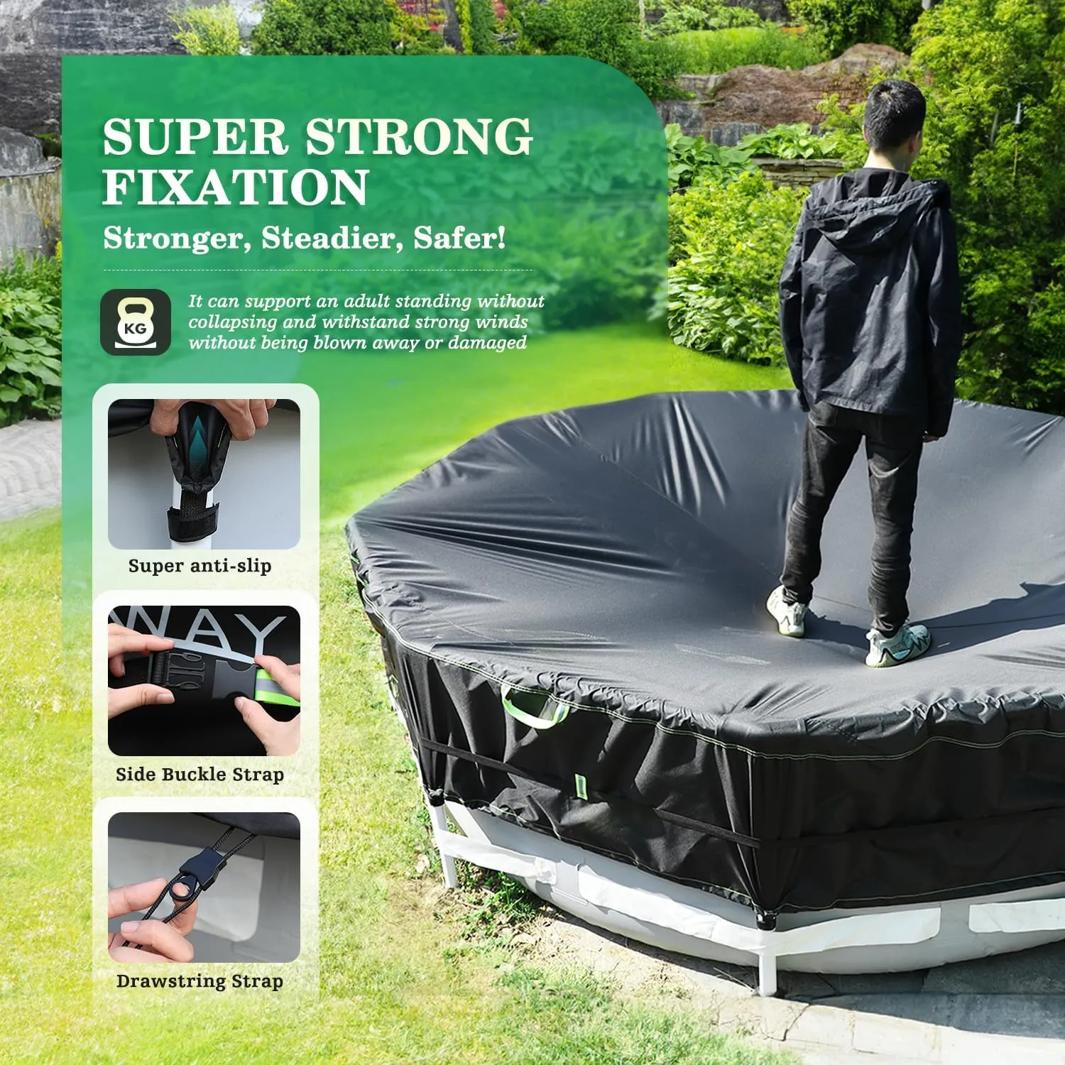 UIRWAY 500D Pool Cover 10FT Round [2025 Upgraded Heavy Duty Fabric] Solar Pool Covers for Above Ground Pools, New Super Windproof Gel-Coated Tarp Straps, Swimming Pool Covers with UV Protection