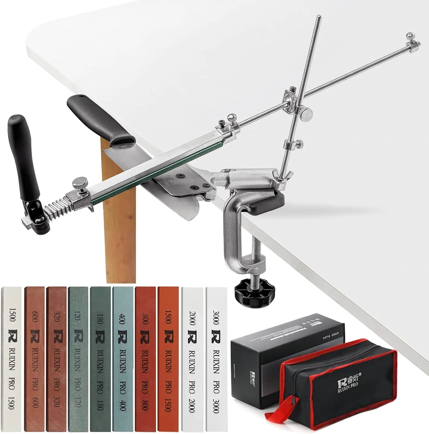 Upgraded RUIXIN PRO RX-008 Professional Knife Sharpener with 10 Whetstones, 360° Rotation Flip Design Fixed-Angle Stainless Steel Kitchen Chef Knife Sharpening Kit Abrasive Holding System Tools
