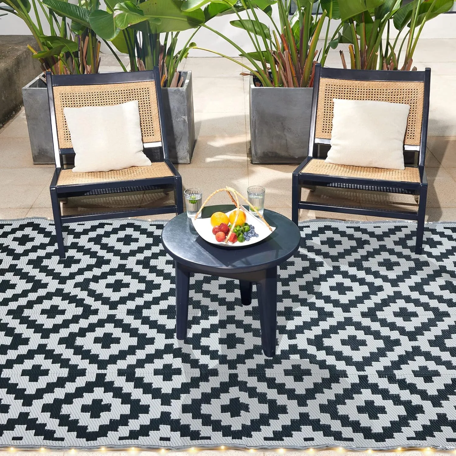 URBEST Outdoor Camping Mats Rugs Reversible Waterproof RV Deck Porch Plastic Rugs Led Illuminated Patio Mat Black-White 9x12 Feet