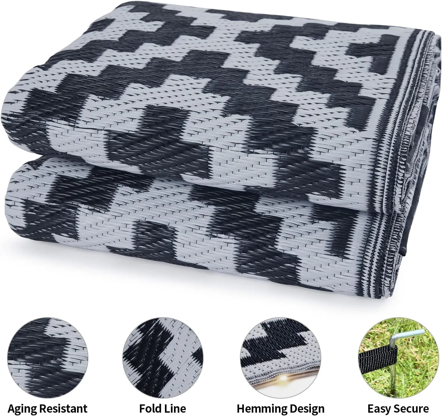 URBEST Outdoor Camping Mats Rugs Reversible Waterproof RV Deck Porch Plastic Rugs Led Illuminated Patio Mat Black-White 9x12 Feet