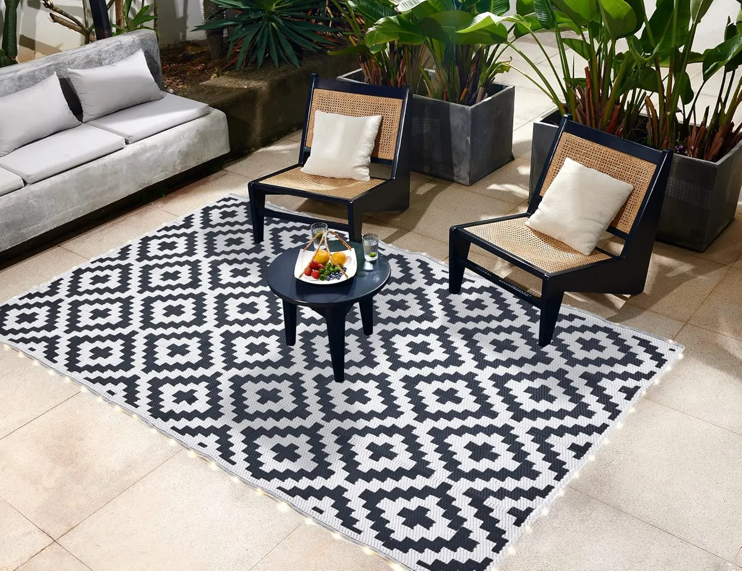 URBEST Outdoor Camping Mats Rugs Reversible Waterproof RV Deck Porch Plastic Rugs Led Illuminated Patio Mat Black-White 9x12 Feet