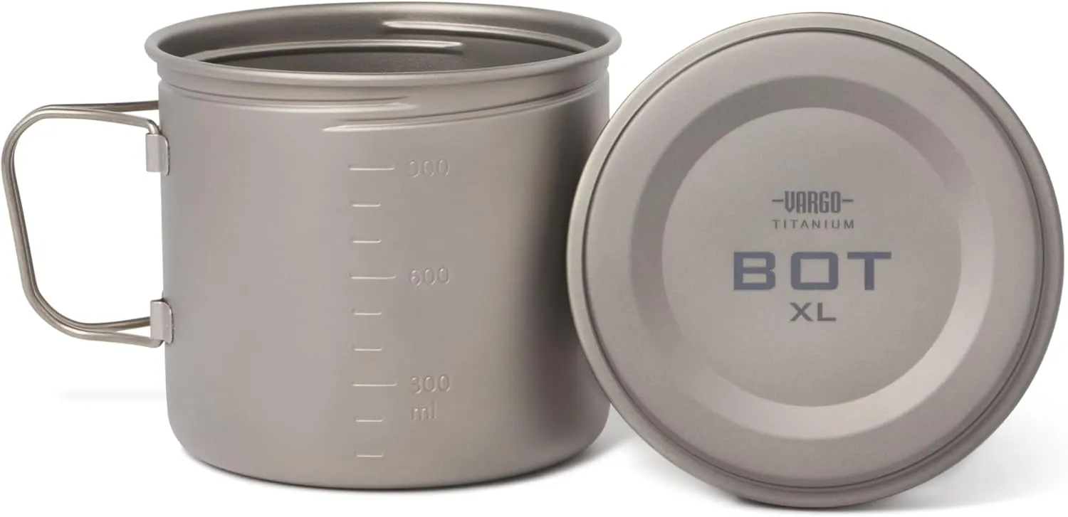 Vargo Titanium BOT Series | BOT XL | Ultralight Water Bottle Cooking Pot 1.1L (37 oz) | Weights: 5.5 oz (156g) | Water-tight Lid Backpacking Camping