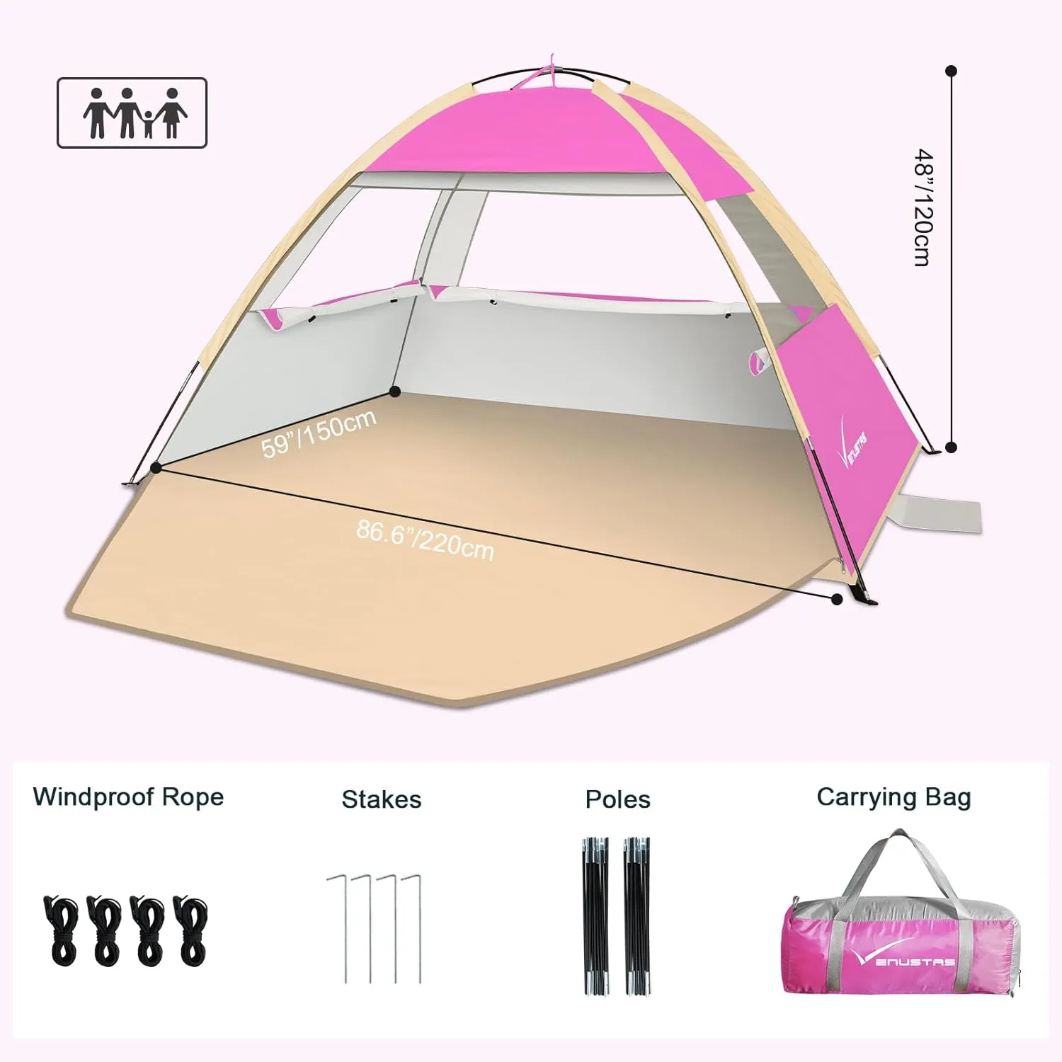 Venustas Beach Tent Sun Shelter for 3-10 Person, UPF 50  UV Protection Canopy, Lightweight and Easy Setup Cabana, Portable Beach Shade