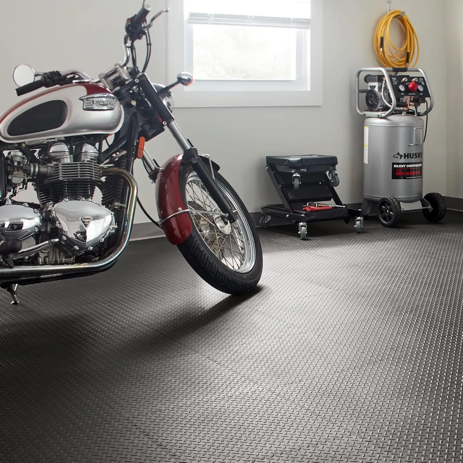 VersaTex Garage Floor 18 x 18 inch Square Rubber Diamond Plate Interlocking Floor Tiles for Home Gym, Garage Flooring, Trade Show Flooring, Basement Tiles, 8 Pack (Black)