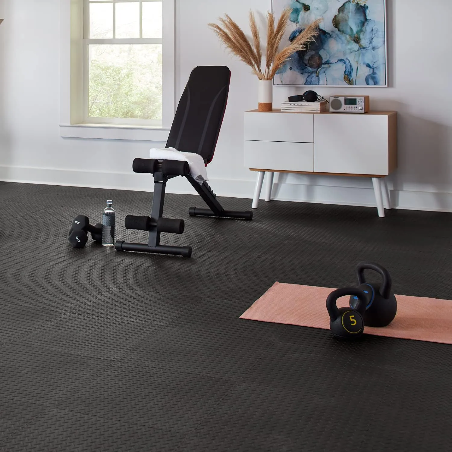 VersaTex Garage Floor 18 x 18 inch Square Rubber Diamond Plate Interlocking Floor Tiles for Home Gym, Garage Flooring, Trade Show Flooring, Basement Tiles, 8 Pack (Black)