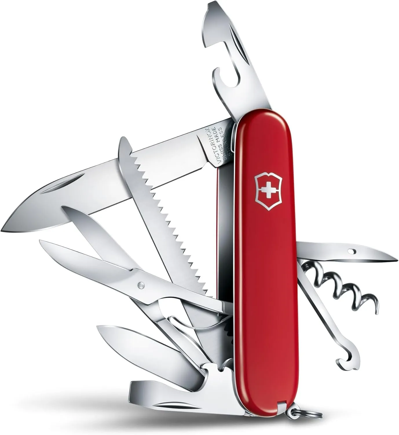 Victorinox Huntsman Swiss Army Knife, 15 Functions, Swiss Made Pocket Knife with Large Blade, Screwdriver, Scissors and Wood Saw - Red